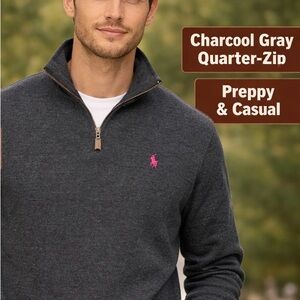 Polo Ralph Lauren Quarter Zip Sweater Medium Charcoal Grey Cotton 1/4 Zip